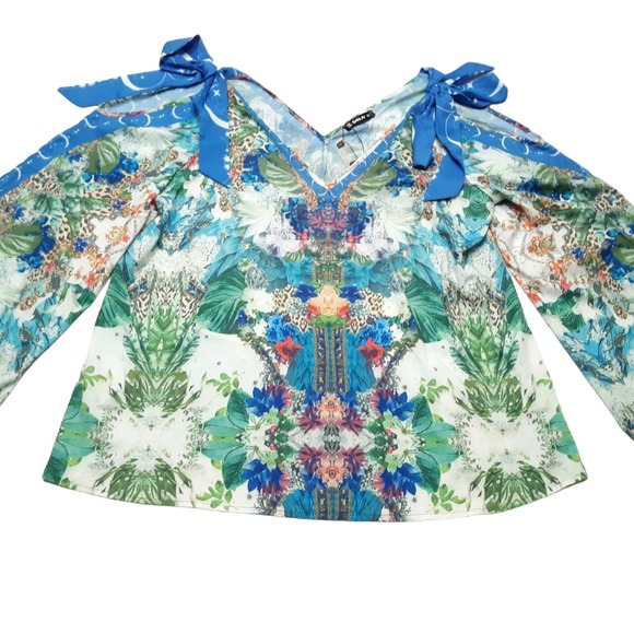 Sheilay Blouse Womens Small Blue Floral Cold Shoulder Bell Sleeve Top New - Picture 8 of 16